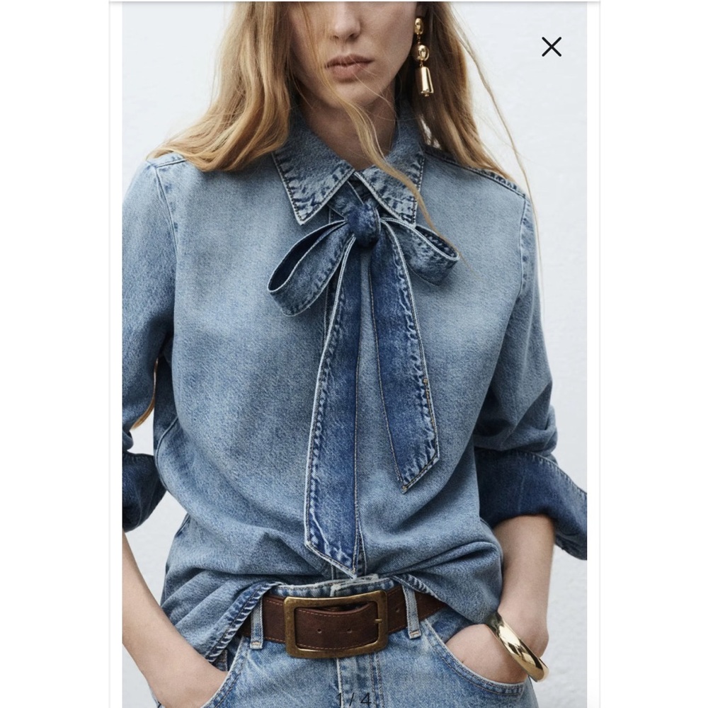 Mango Lana Denim Bow Blouse